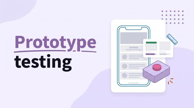 Illustrated title card reading 'Prototype testing' beside a wireframe phone, a simple product prototype and a poll card