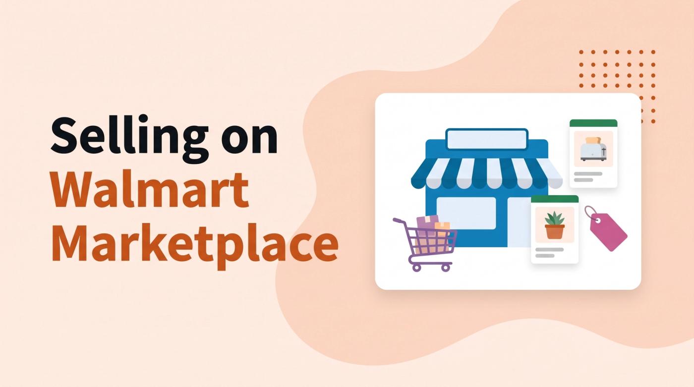 Illustrated title card reading 'Selling on Walmart Marketplace' beside a storefront, a shopping cart and product cards