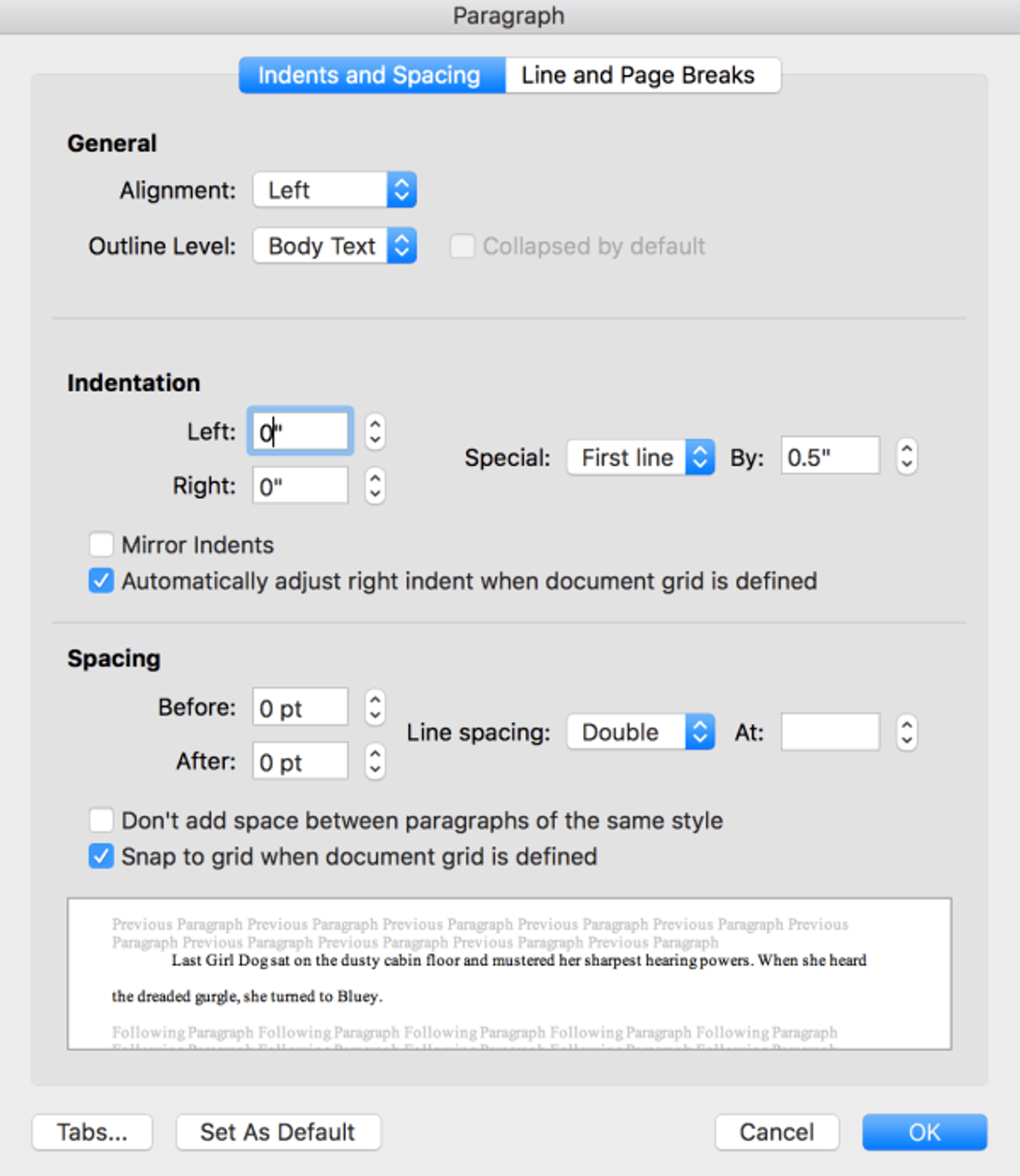 Microsoft Word paragraph settings dialog for indentation and spacing