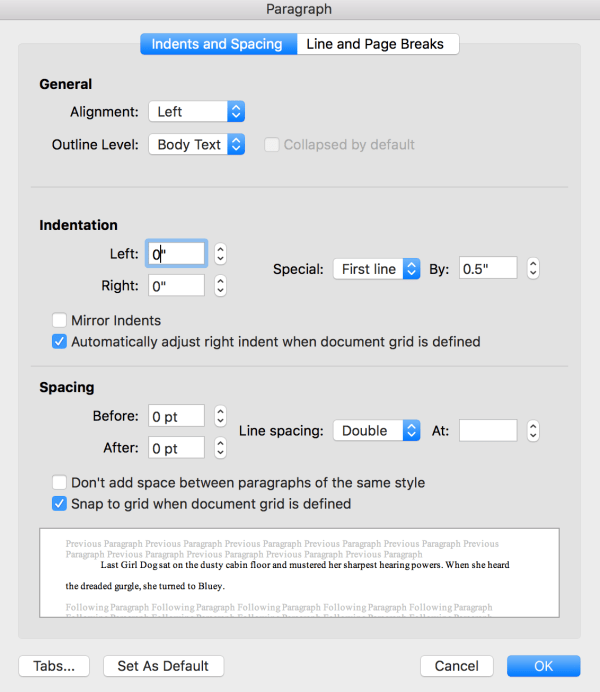 Microsoft Word paragraph settings dialog for indentation and spacing
