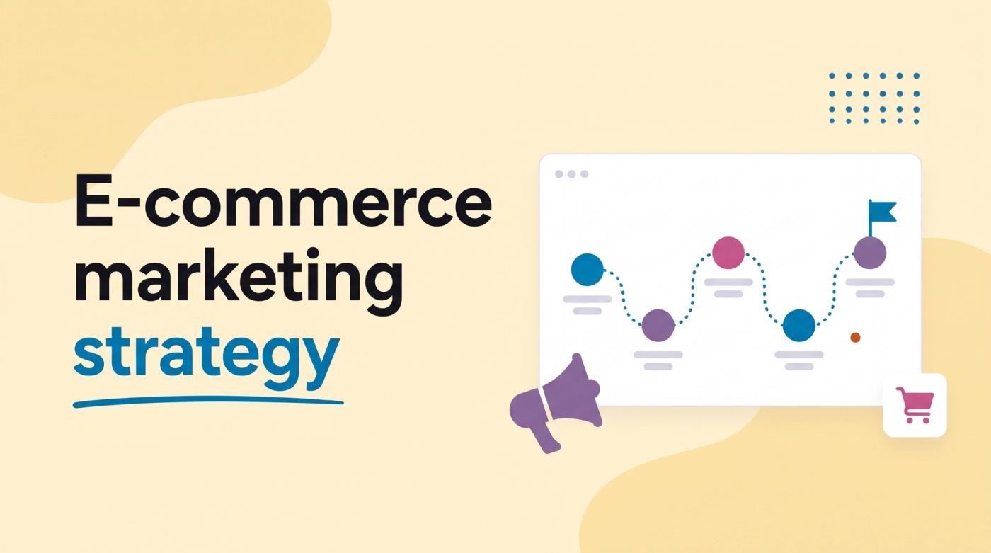 Illustrated title card reading 'E-commerce marketing strategy' beside a roadmap of connected steps, a megaphone and a cart