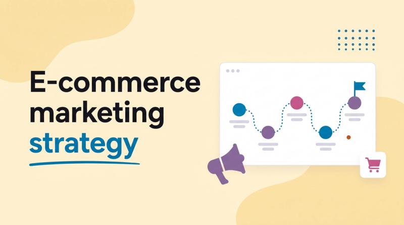 Illustrated title card reading 'E-commerce marketing strategy' beside a roadmap of connected steps, a megaphone and a cart