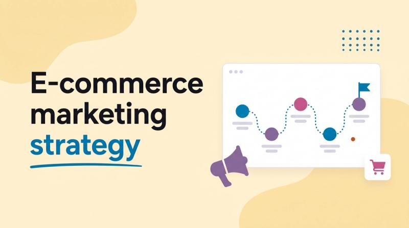 Illustrated title card reading 'E-commerce marketing strategy' beside a roadmap of connected steps, a megaphone and a cart