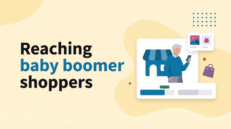 Illustrated title card reading 'Reaching baby boomer shoppers' beside an older person holding a phone next to a storefront and a poll card
