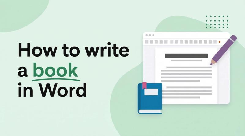 Illustrated title card reading 'How to write a book in Word' beside a document window with text bars, a book icon and a pencil