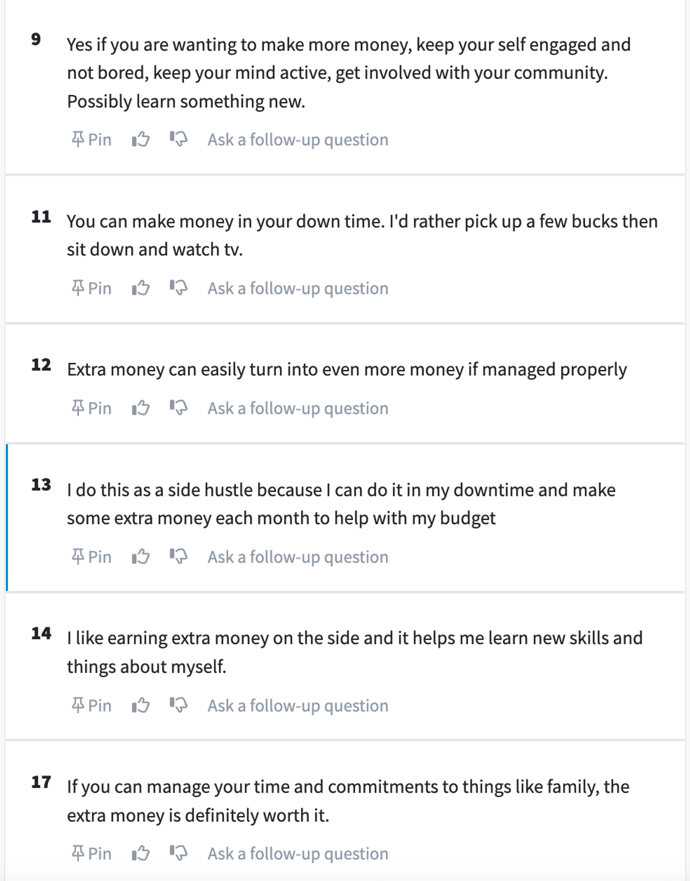 Screenshot of poll comments about side hustles