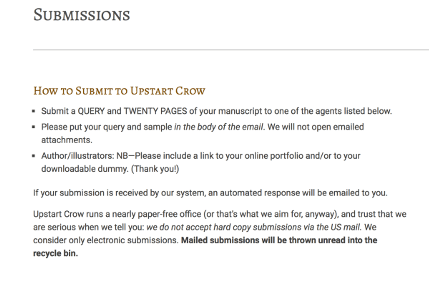 Upstart Crow Literary submissions guidelines page