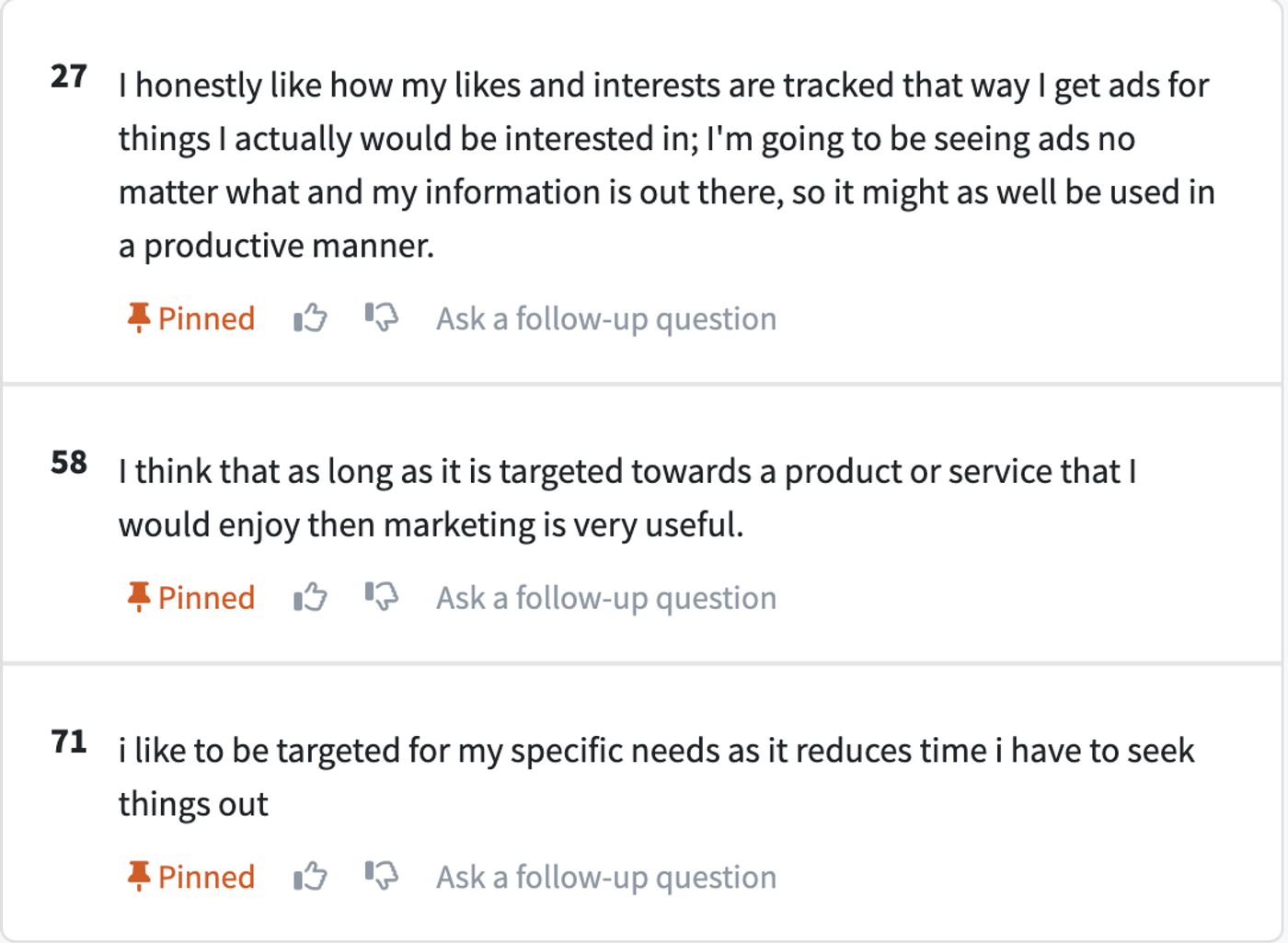 Screenshot of PickFu poll comments about whether or not e-commerce companies should market to consumers
