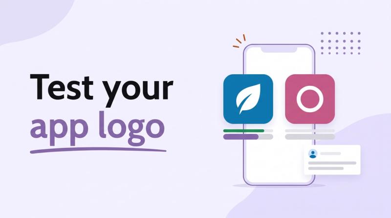 Illustrated title card reading 'Test your app logo' beside a phone showing two app icon variants with vote bars