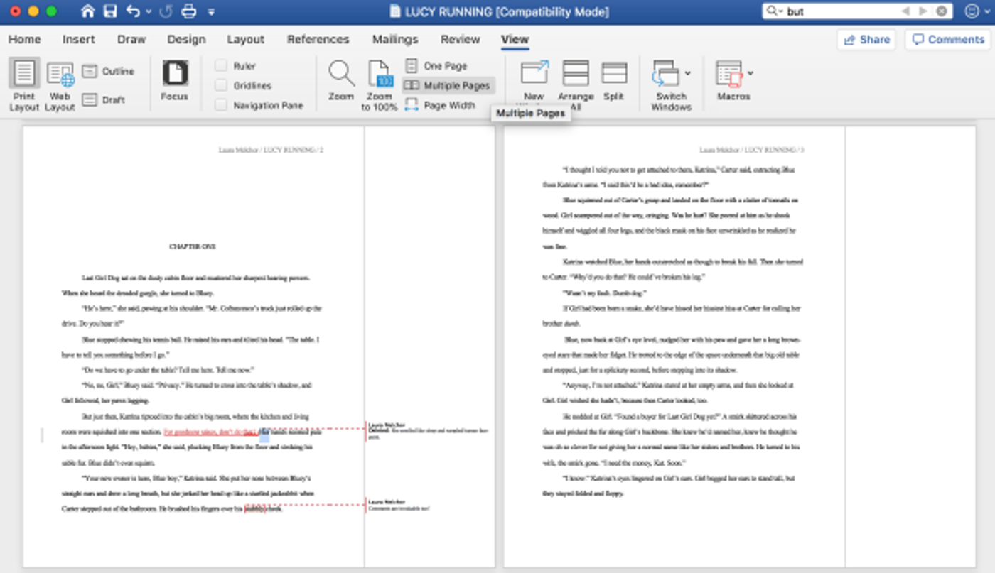 Microsoft Word view of multiple manuscript pages with tracked changes