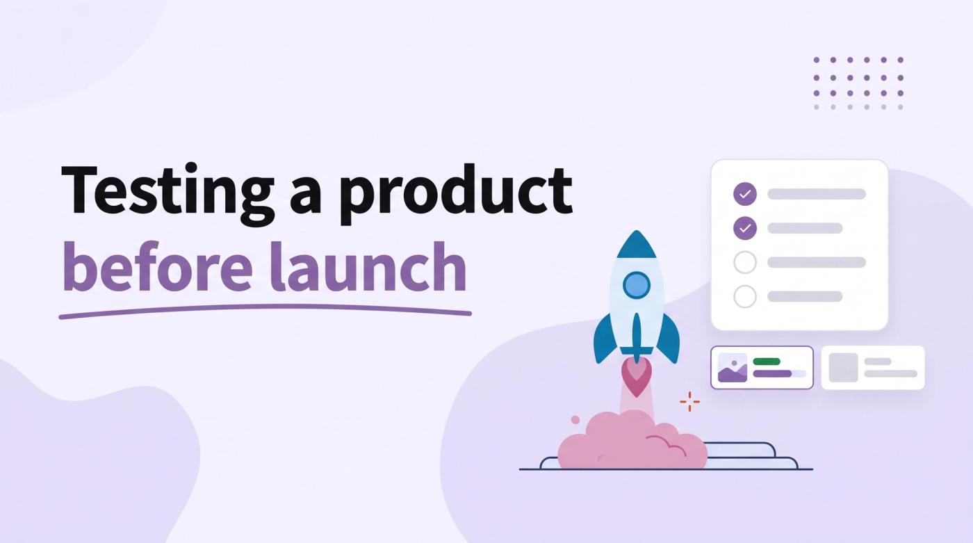 Illustrated title card reading 'Testing a product before launch' beside a small rocket on a launch pad and a checklist card with a two-option poll