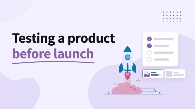 Illustrated title card reading 'Testing a product before launch' beside a small rocket on a launch pad and a checklist card with a two-option poll