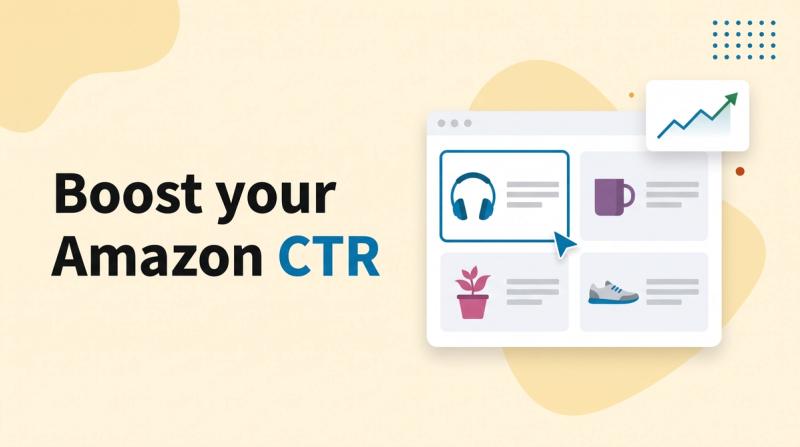 Illustrated title card reading 'Boost your Amazon CTR' beside a grid of product tiles with one highlighted by a cursor and a rising line chart