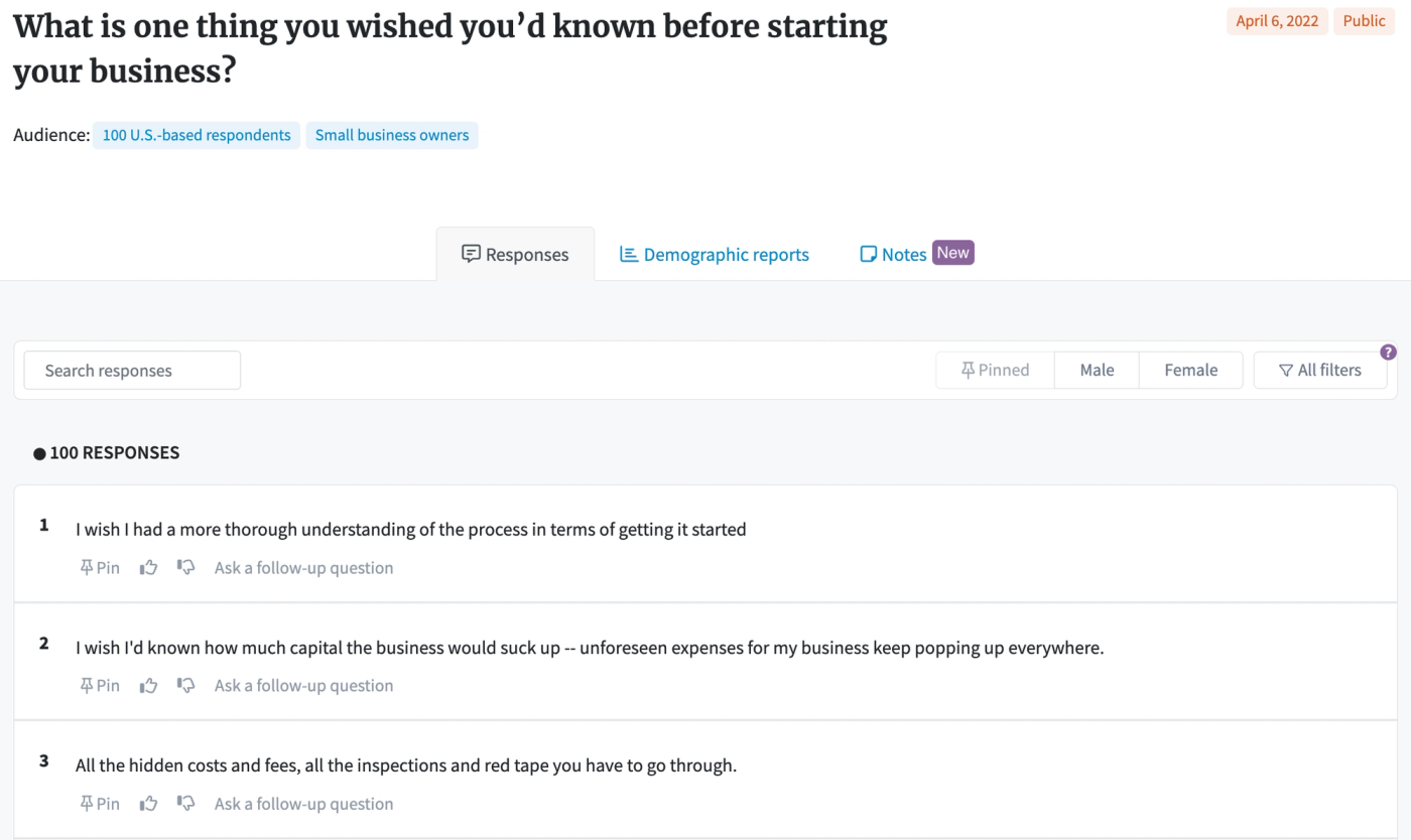 Screenshot of PickFu poll about one thing small business owners wished they'd known. 