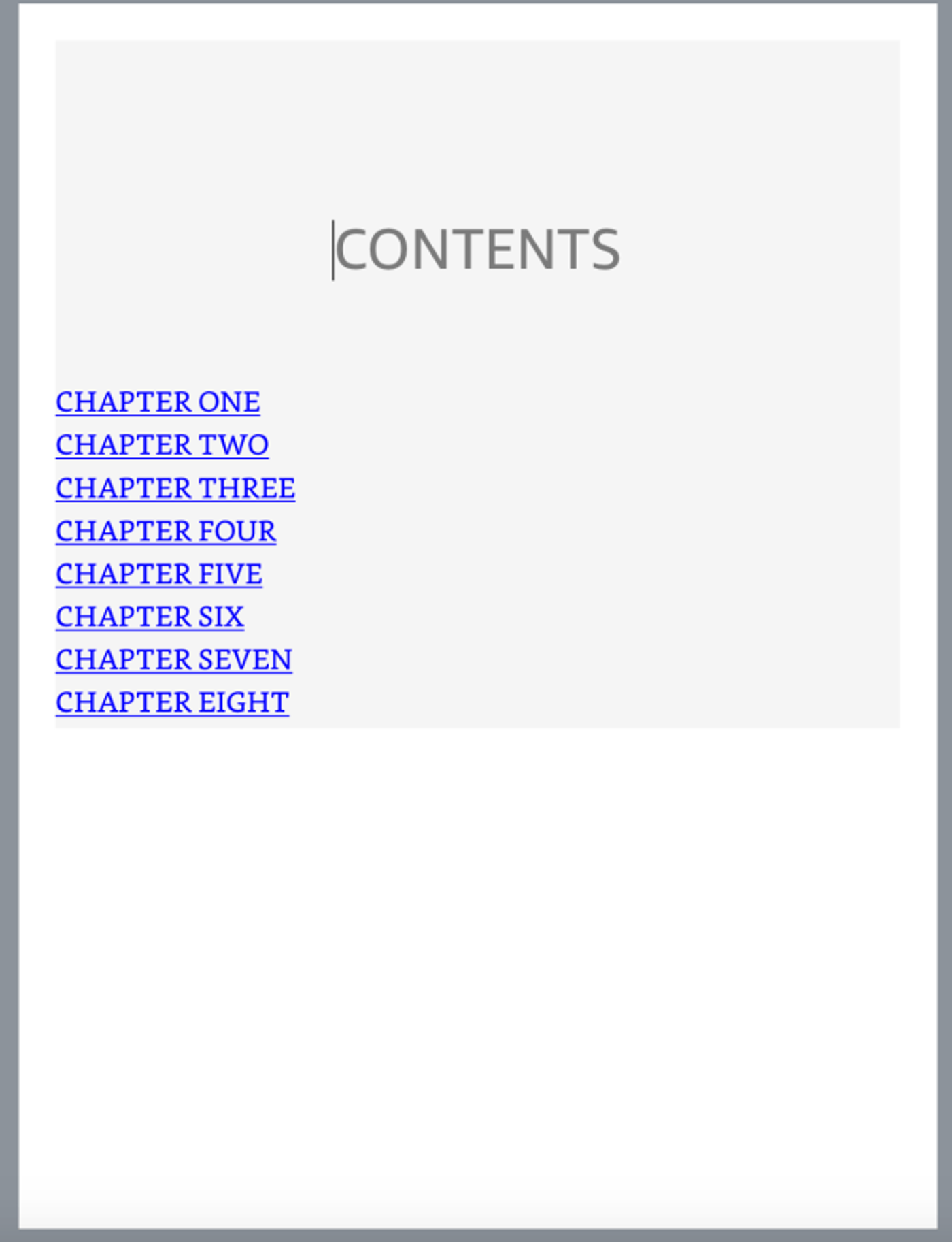 Table of contents page with chapter links