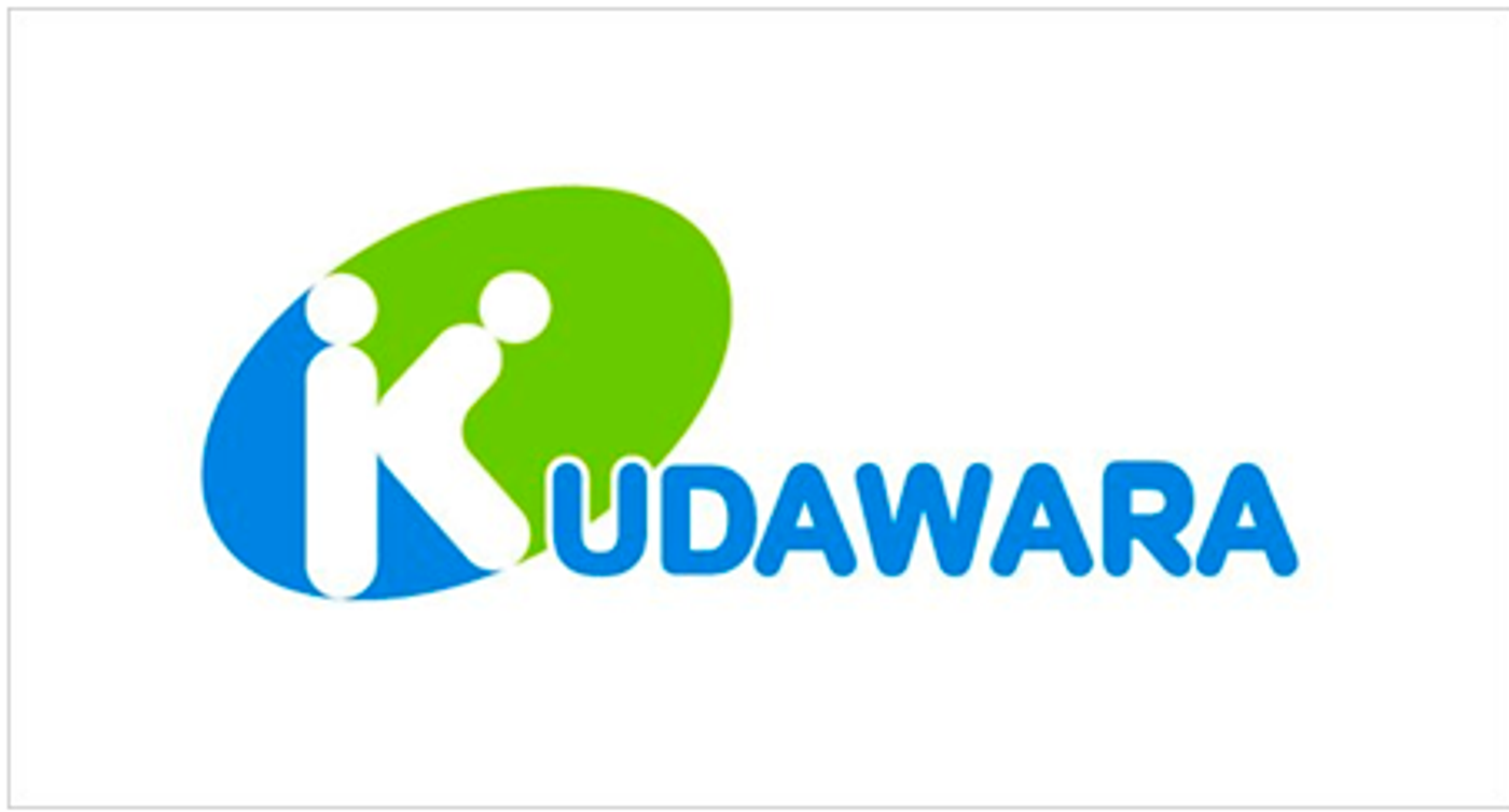 Kudawara logo green and blue logo, with blue letters.