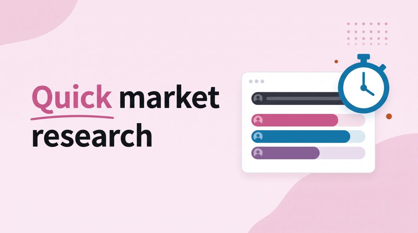 Illustrated title card reading 'Quick market research' beside a survey results window with a stopwatch