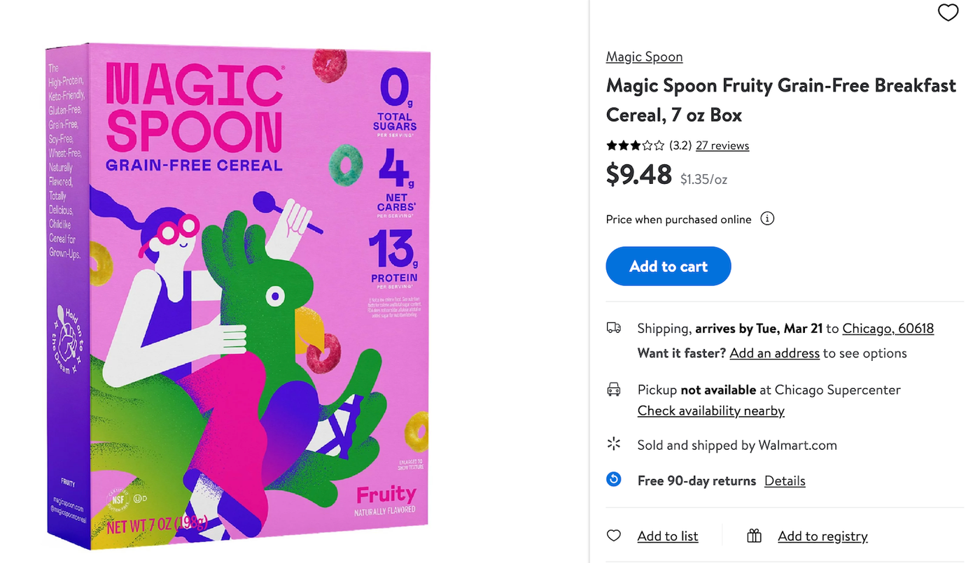 Walmart.com product listing for a healthy cereal 