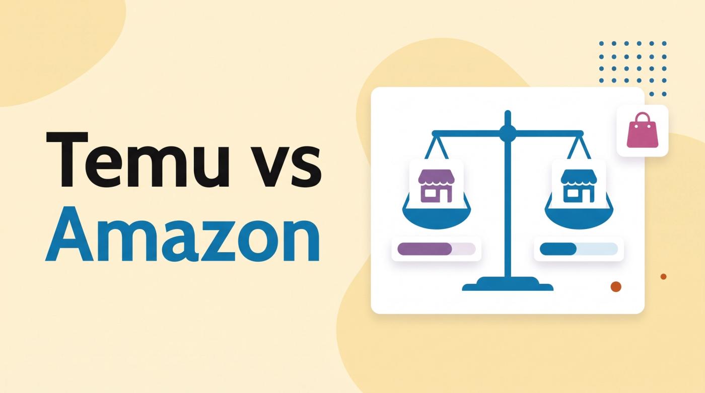 Illustrated title card reading 'Temu vs Amazon' beside two storefront cards on a balance scale, each with a vote bar