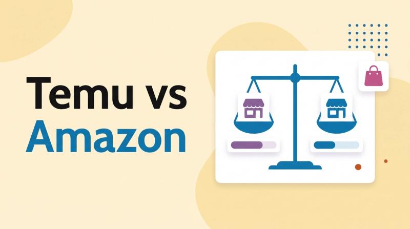 Illustrated title card reading 'Temu vs Amazon' beside two storefront cards on a balance scale, each with a vote bar