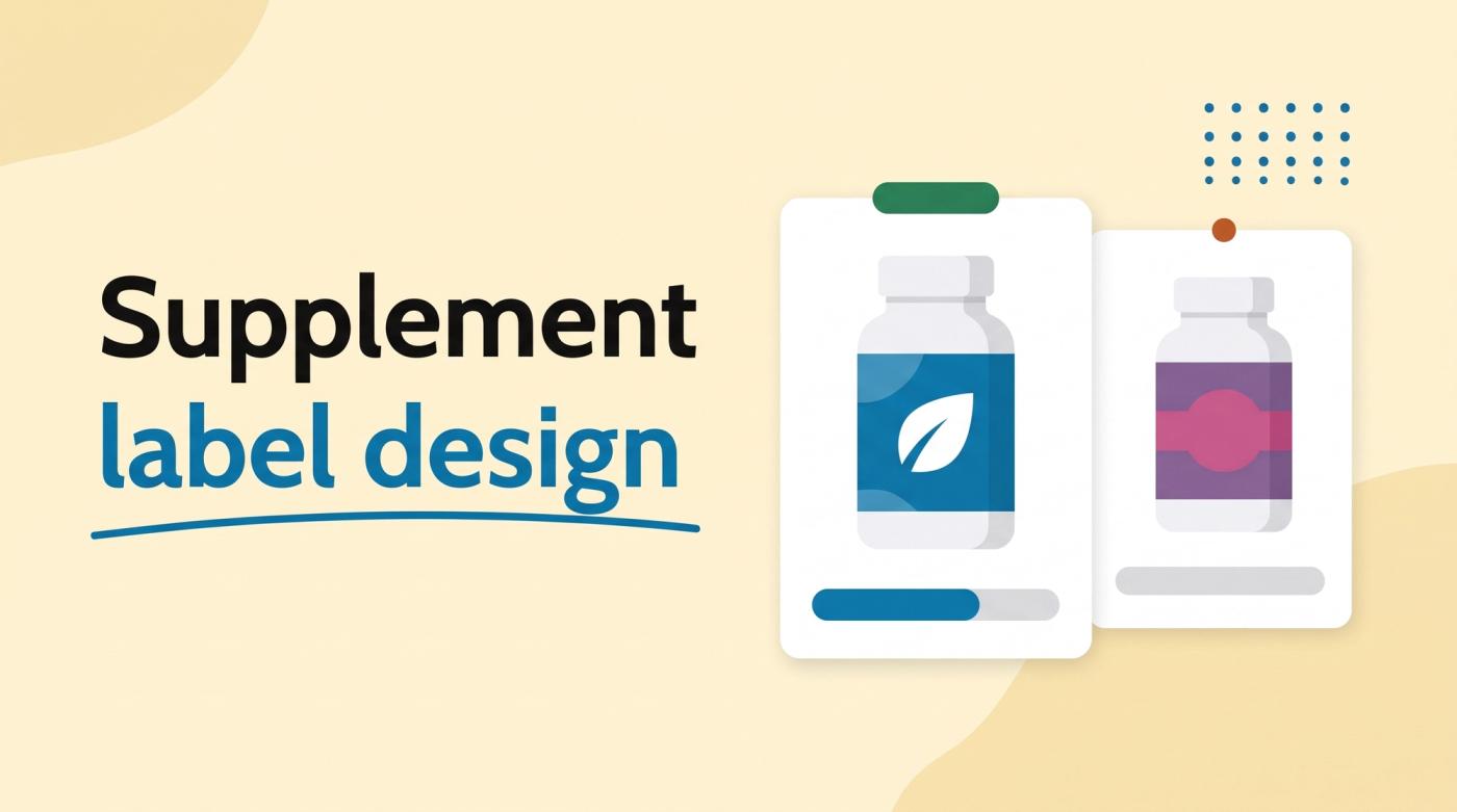 Illustrated title card reading 'Supplement label design' beside two supplement bottles with abstract labels and vote bars