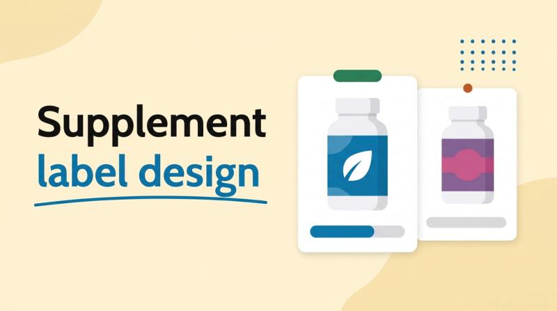 Illustrated title card reading 'Supplement label design' beside two supplement bottles with abstract labels and vote bars