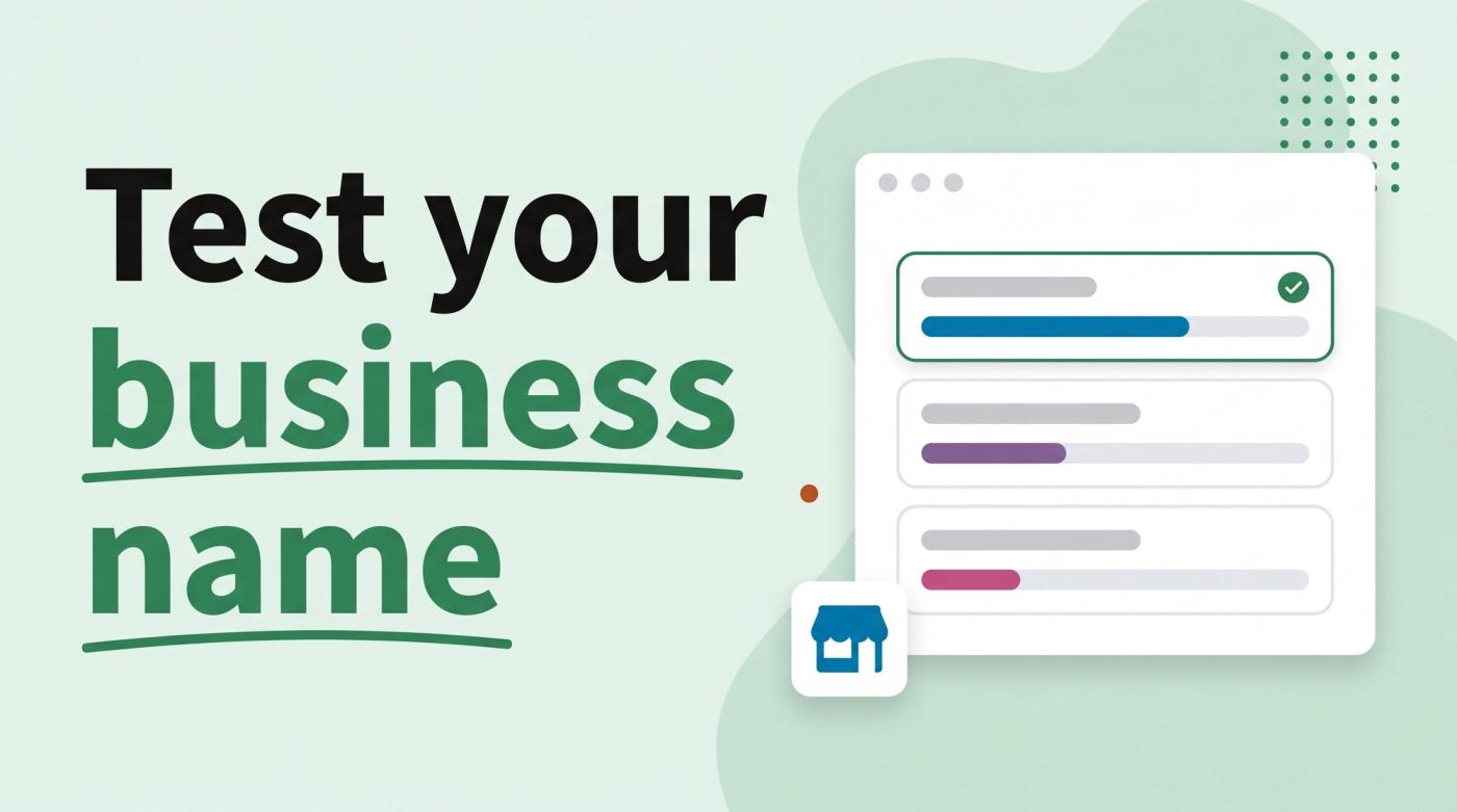 Illustrated title card reading 'Test your business name' beside three name-tag cards with vote bars and a checkmark badge