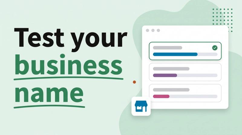 Illustrated title card reading 'Test your business name' beside three name-tag cards with vote bars and a checkmark badge