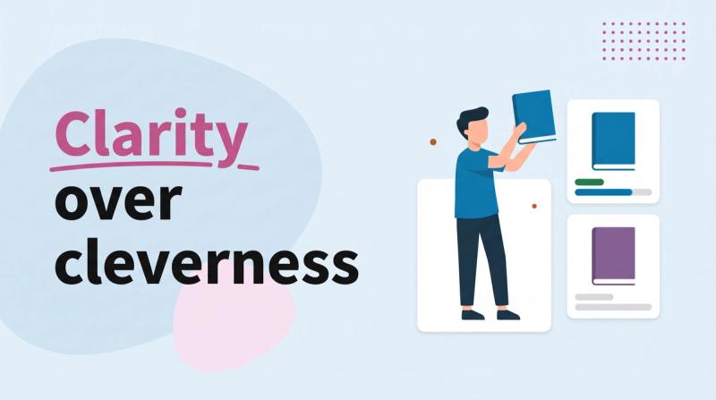Illustrated title card reading 'Clarity over cleverness' beside a person holding up a book cover next to two cover options with vote bars