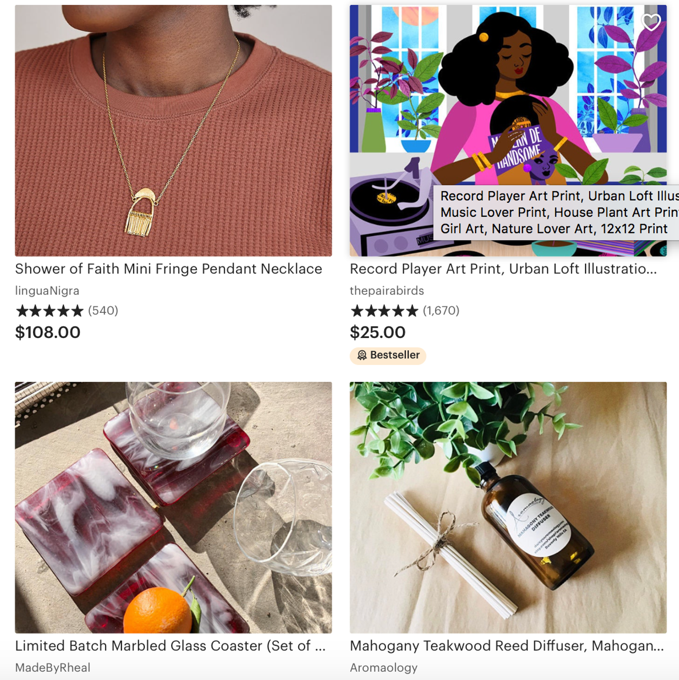 Best sizing for Etsy listing photos: Four thumbnail shots from Etsy featuring Black-owned shops 