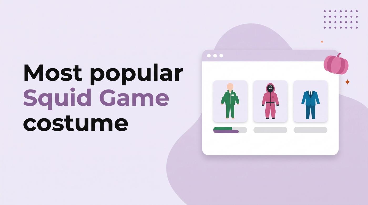 Illustrated title card labeled 'PickFu poll' reading 'Most popular Squid Game costume' beside three costume cards with vote bars