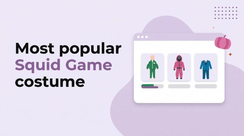 Illustrated title card labeled 'PickFu poll' reading 'Most popular Squid Game costume' beside three costume cards with vote bars