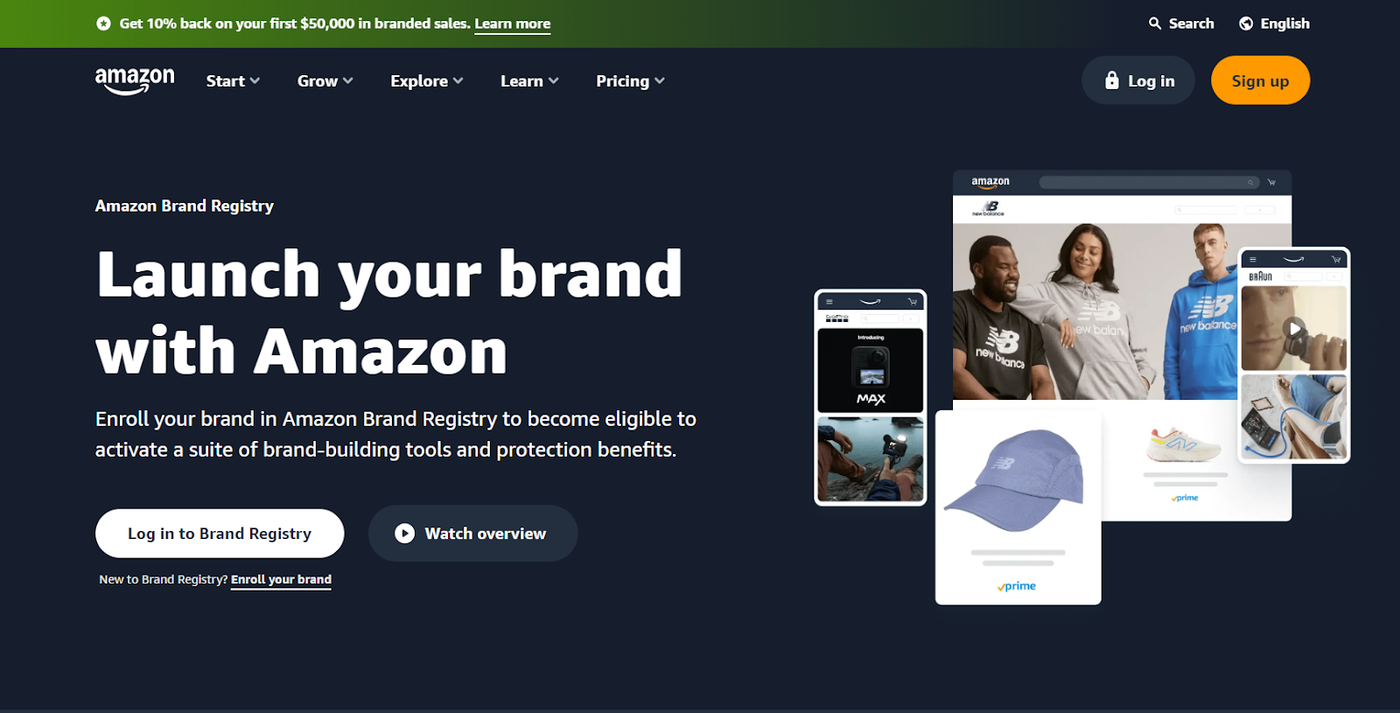 Screenshot of Amazon Brand Registry homepage, desktop - above the fold