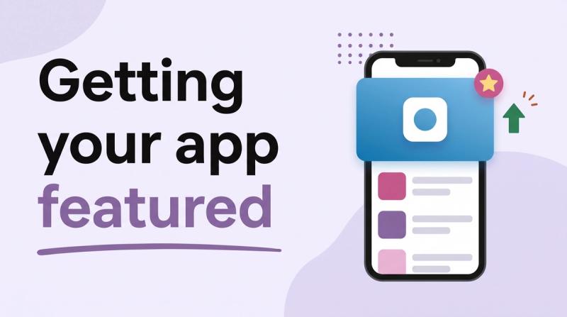 Illustrated title card reading 'Getting your app featured' beside a phone showing a highlighted app banner with a star badge