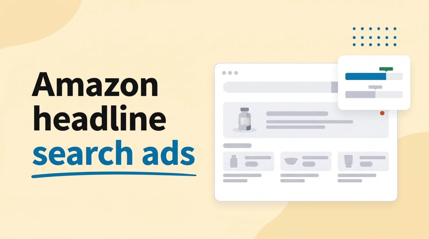 Illustrated title card reading 'Amazon headline search ads' beside a mockup of a shopping search results page with a banner ad and a poll comparing two banner variants