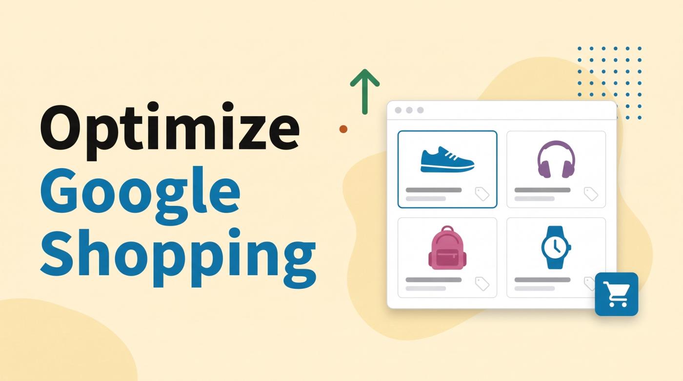 Illustrated title card reading 'Optimize Google Shopping' beside a grid of product ad tiles with price tags, a cart icon and a rising arrow