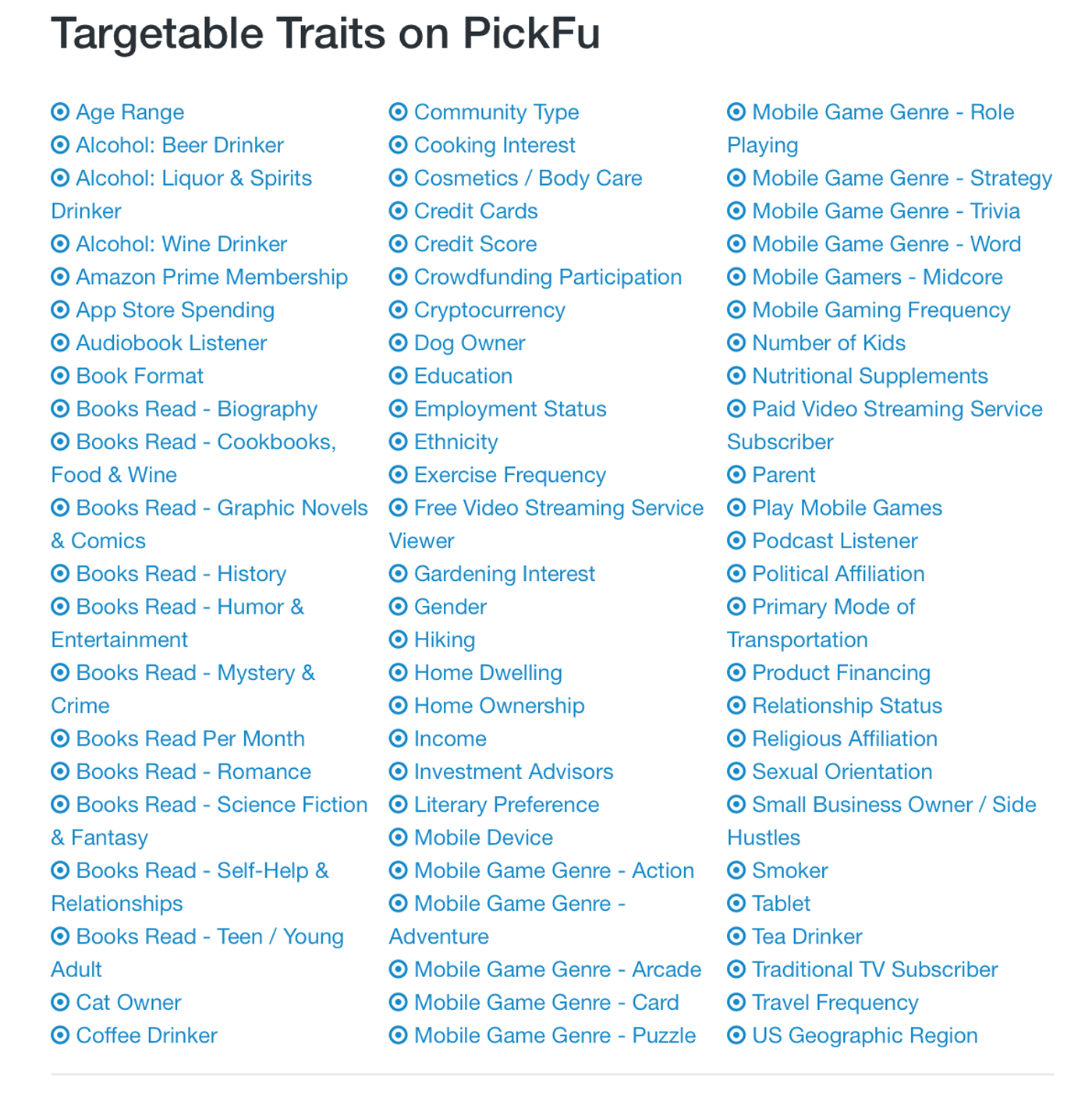 A screenshot shows all of the targetable traits on PickFu. 