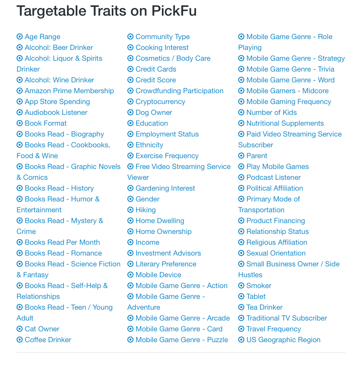 A screenshot shows all of the targetable traits on PickFu.