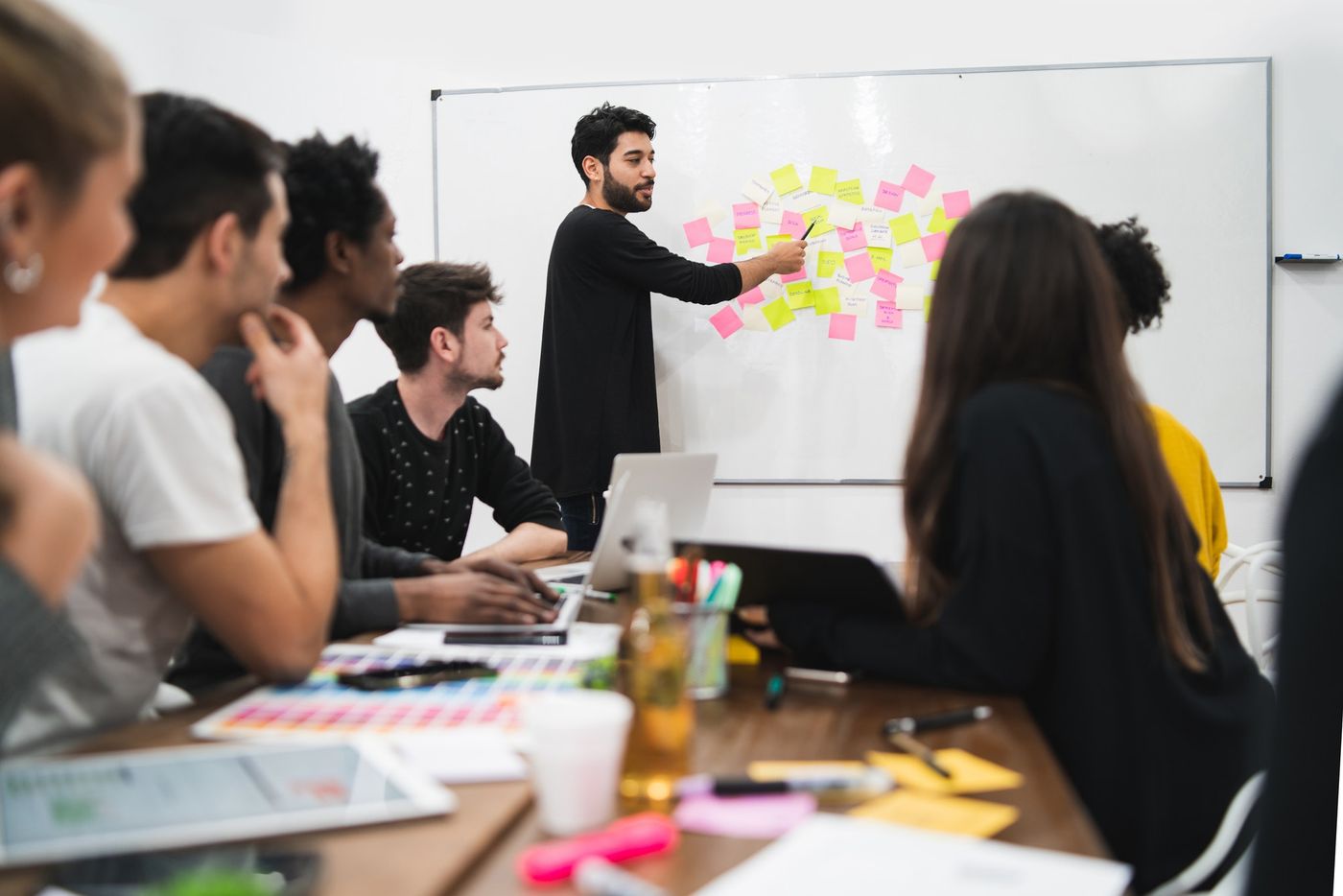 Wireframes and wireframe testing: manager leads a brainstorming meeting