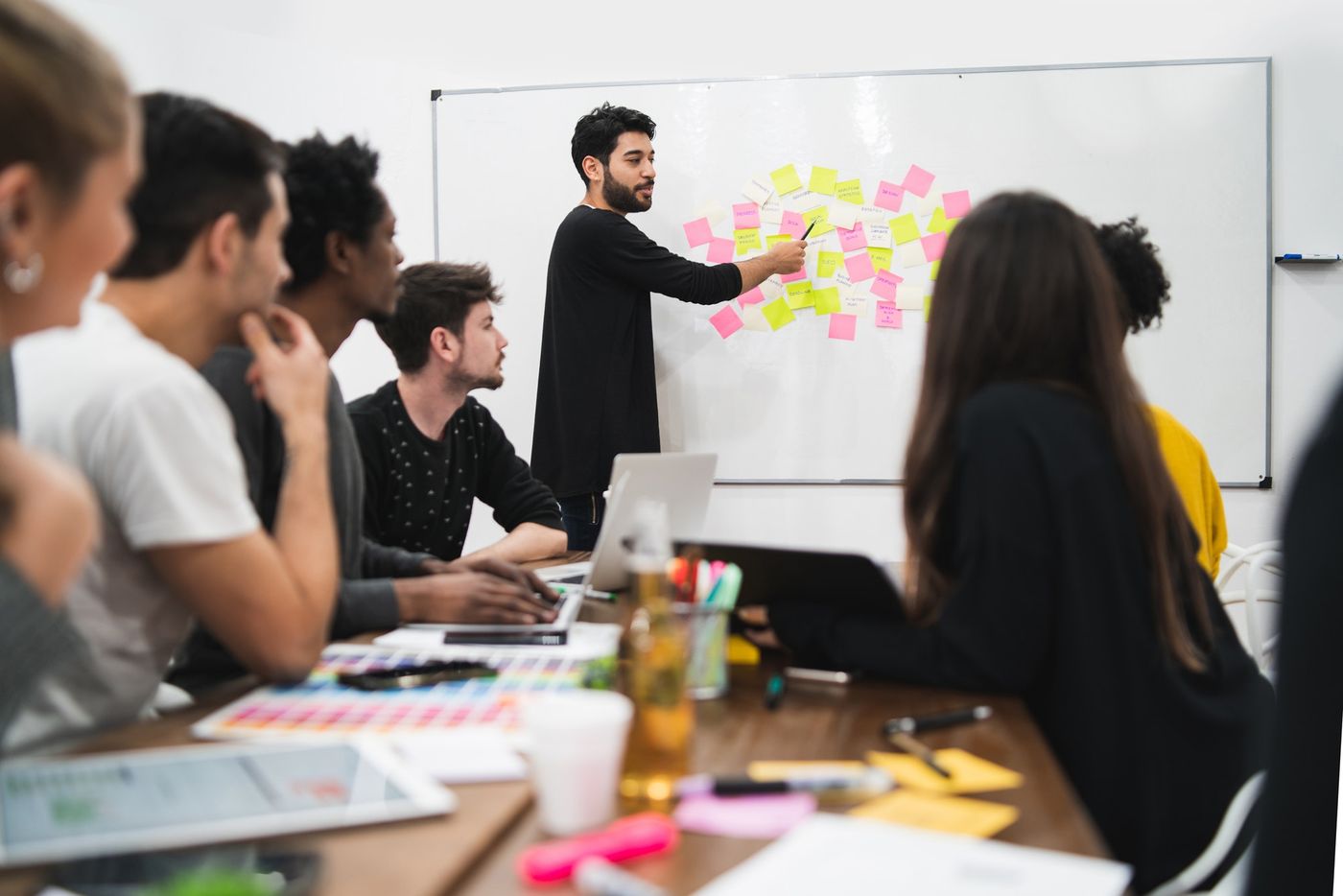 Wireframes and wireframe testing: manager leads a brainstorming meeting