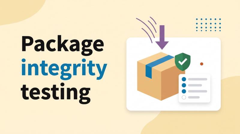 Illustrated title card reading 'Package integrity testing' beside a shipping box with a shield badge and a checklist card