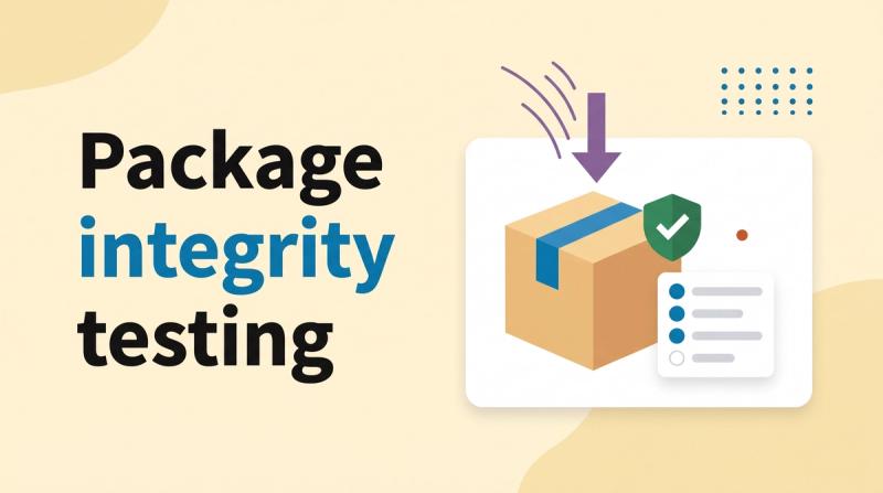 Illustrated title card reading 'Package integrity testing' beside a shipping box with a shield badge and a checklist card