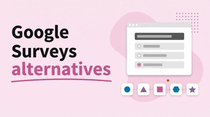 Illustrated title card reading 'Google Surveys alternatives' beside a survey window and a row of abstract app icons with vote bars