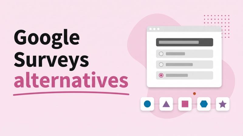 Illustrated title card reading 'Google Surveys alternatives' beside a survey window and a row of abstract app icons with vote bars
