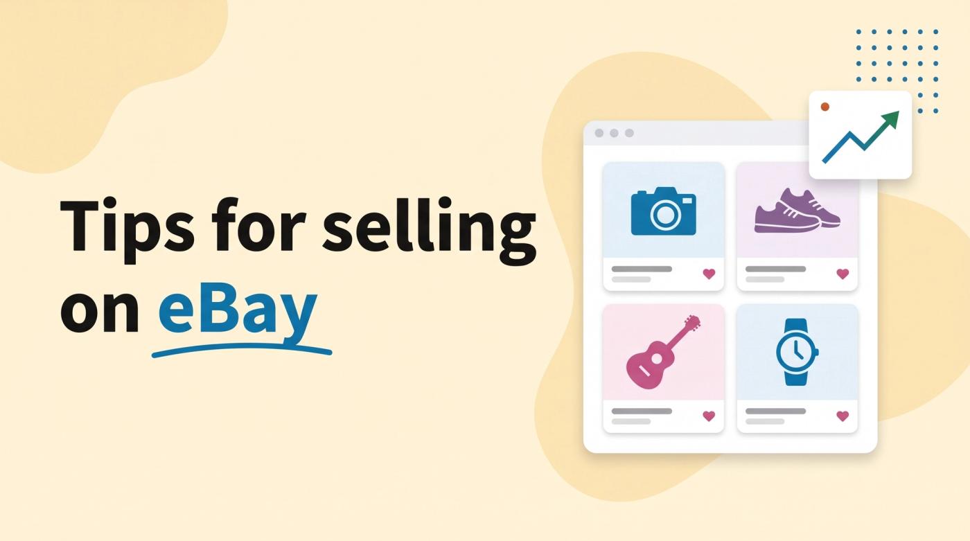 Illustrated title card reading 'Tips for selling on eBay' beside a listing window with product tiles, heart icons and a rising arrow