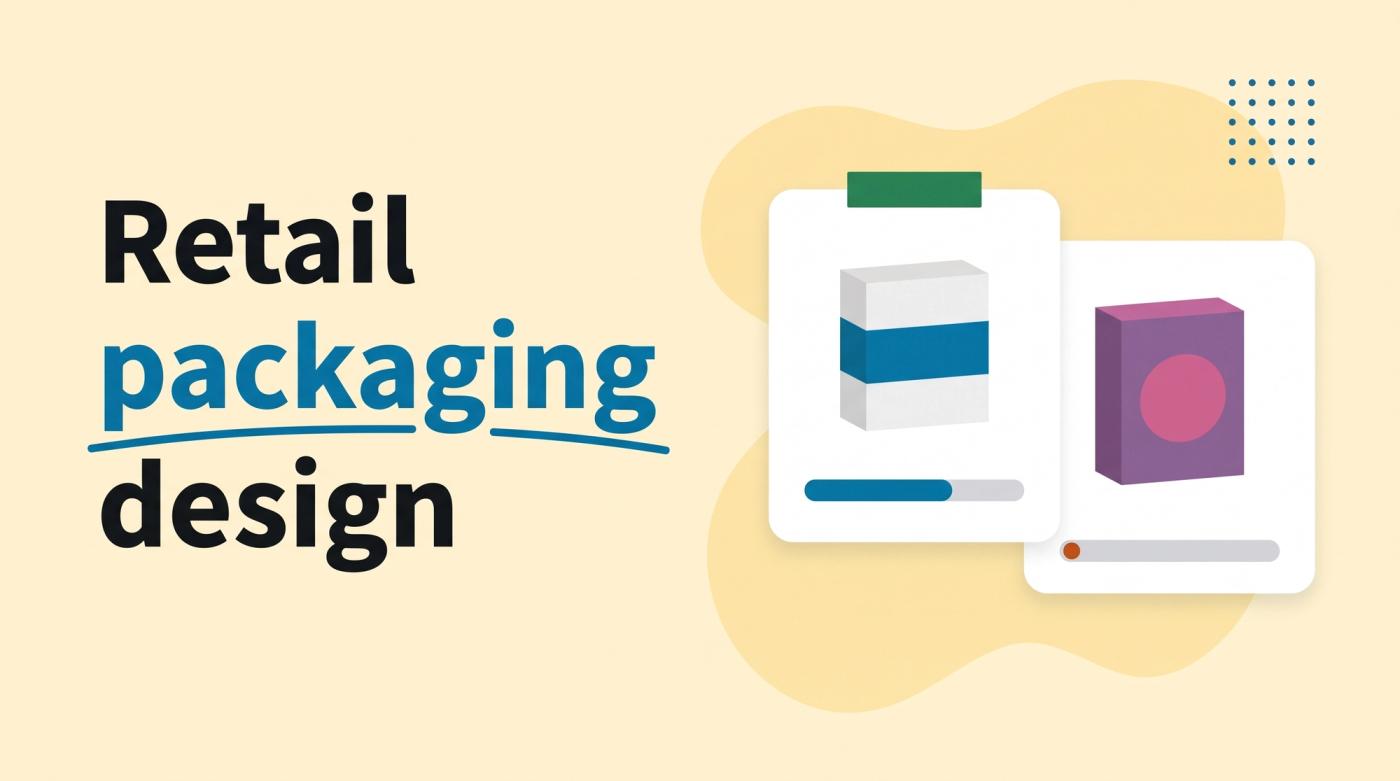 Illustrated title card reading 'Retail packaging design' beside two product box variants on cards with vote bars