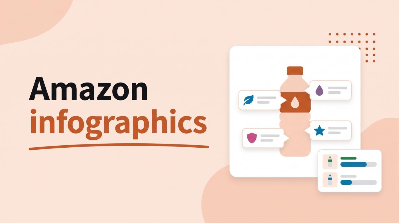 Illustrated title card reading 'Amazon infographics' beside a water bottle with four feature callout bubbles and a small poll card