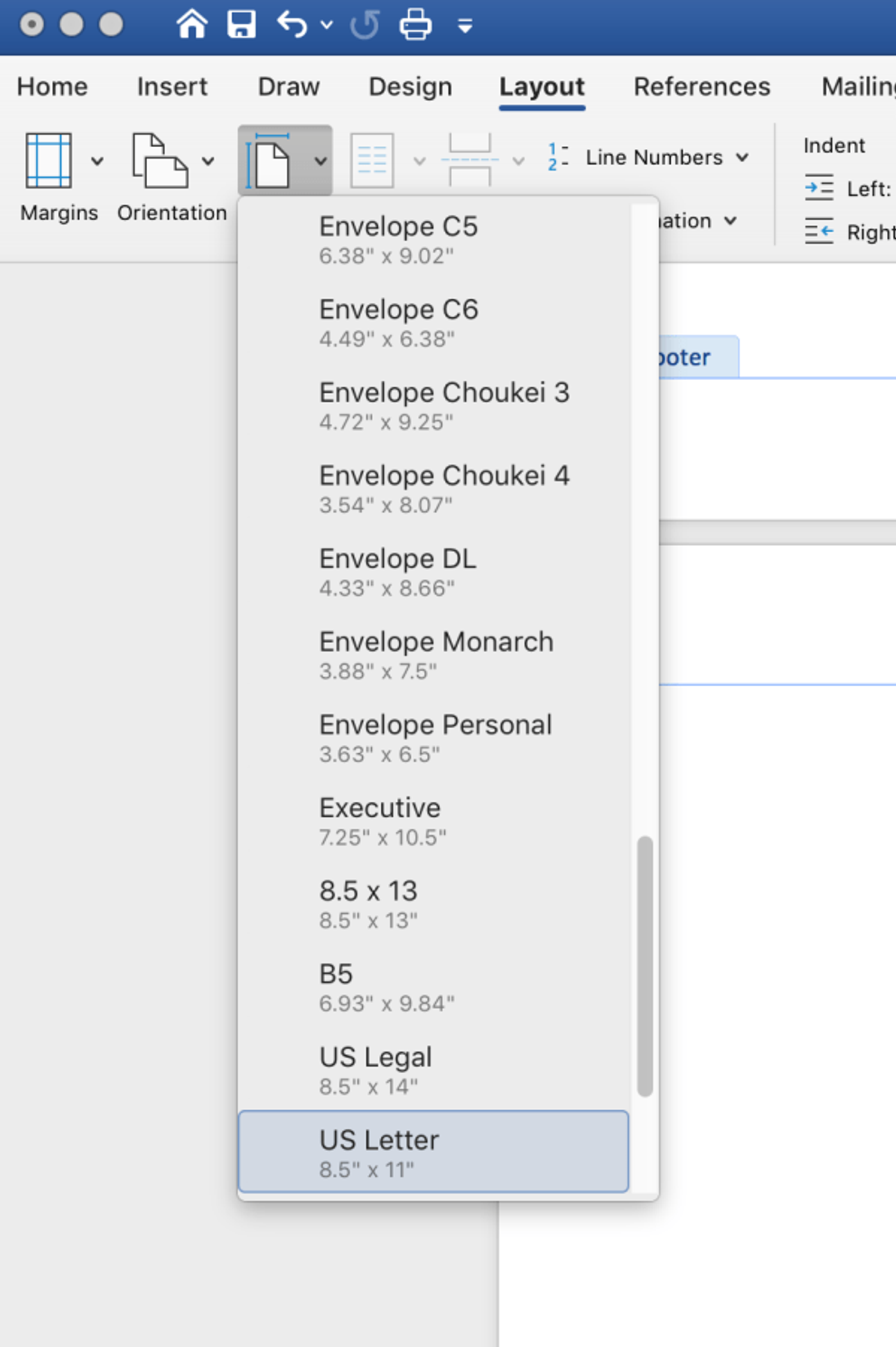 Microsoft Word page size menu listing envelope and paper sizes