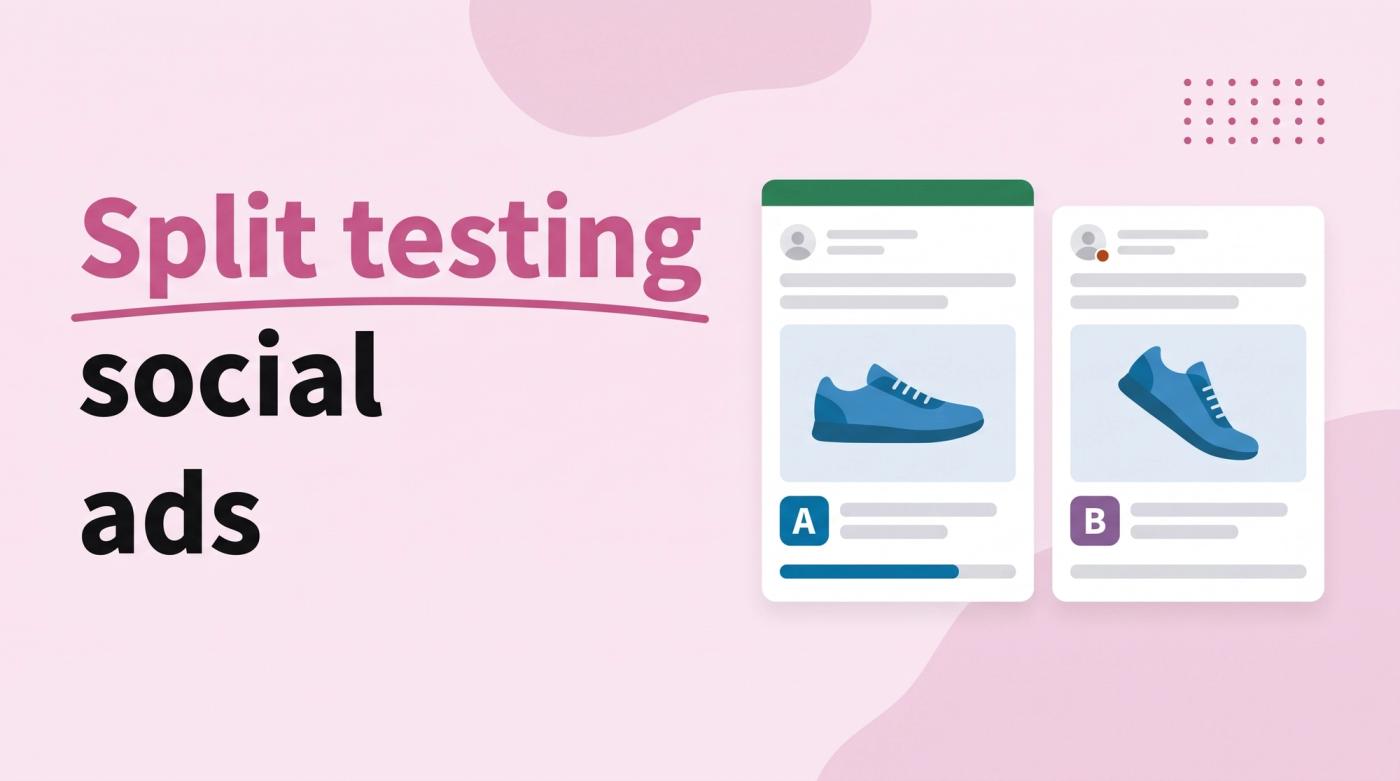 Illustrated title card reading 'Split testing social ads' beside two ad cards labeled A and B with vote bars