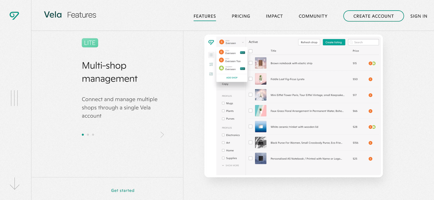 Etsy seller tools: Screenshot of Vela app.